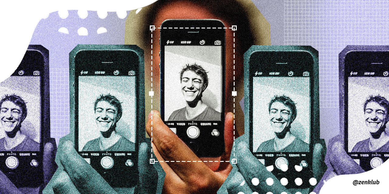Um homem com narcisismo tira uma selfie. Na arte, vê-se o rosto do homem sorrindo pela tela do celular.