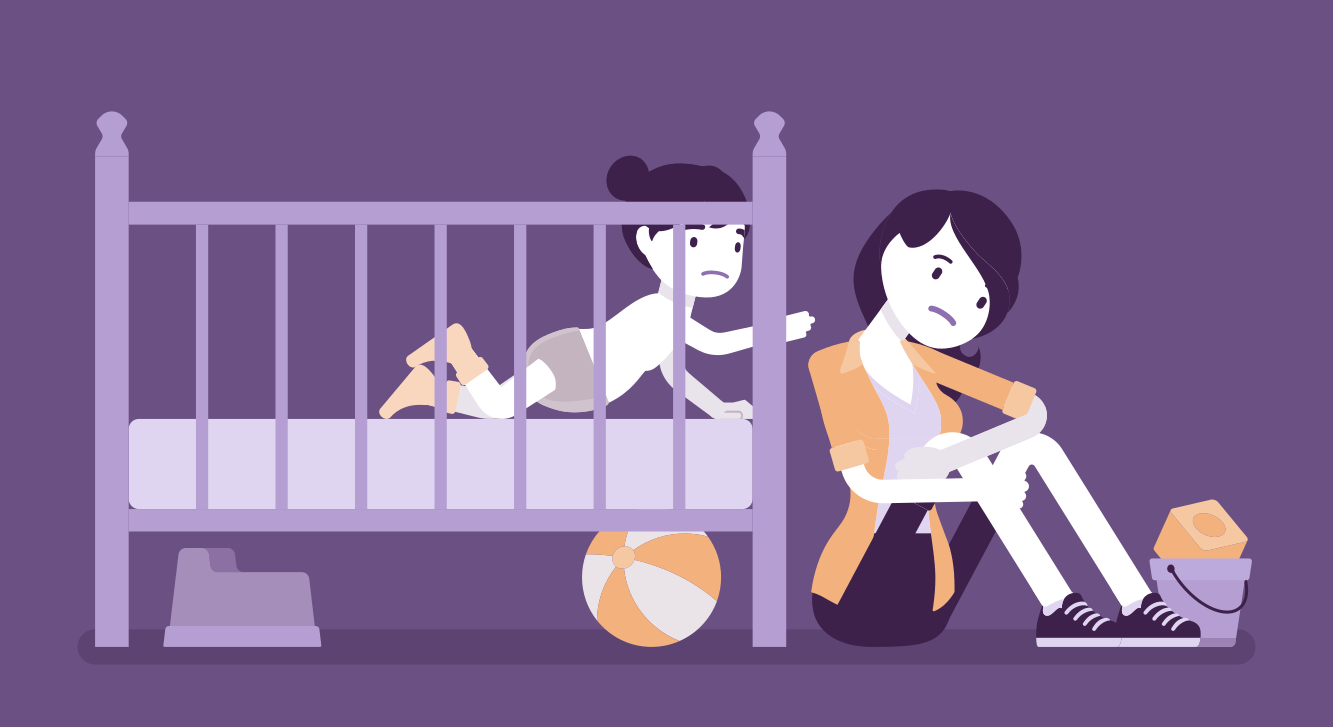 desenho de uma mulher triste sentada ao lado de um berço com um bebê