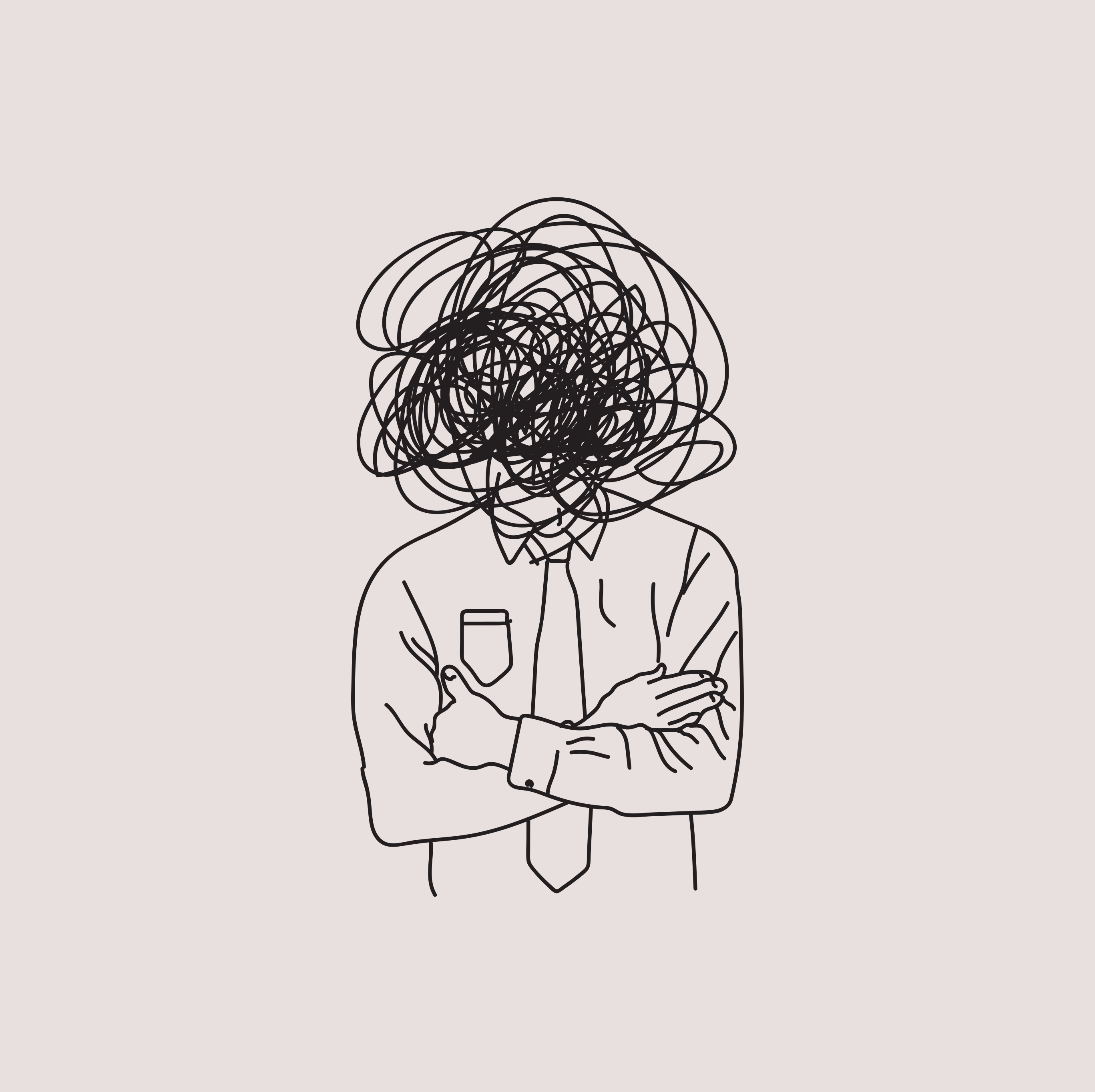 Desenho de pessoa de roupa social e cabeça coberta por rabiscos.