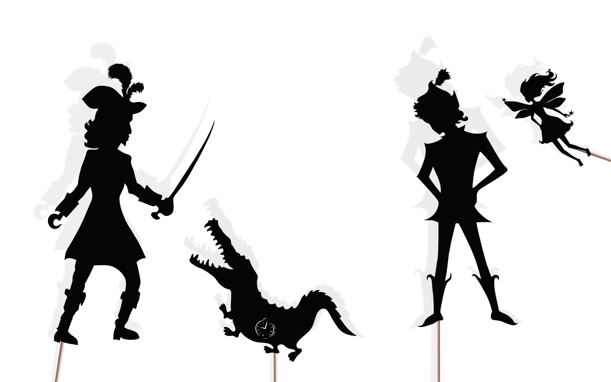 Desenho de sombras de bonecos representando personagens de Peter Pan.