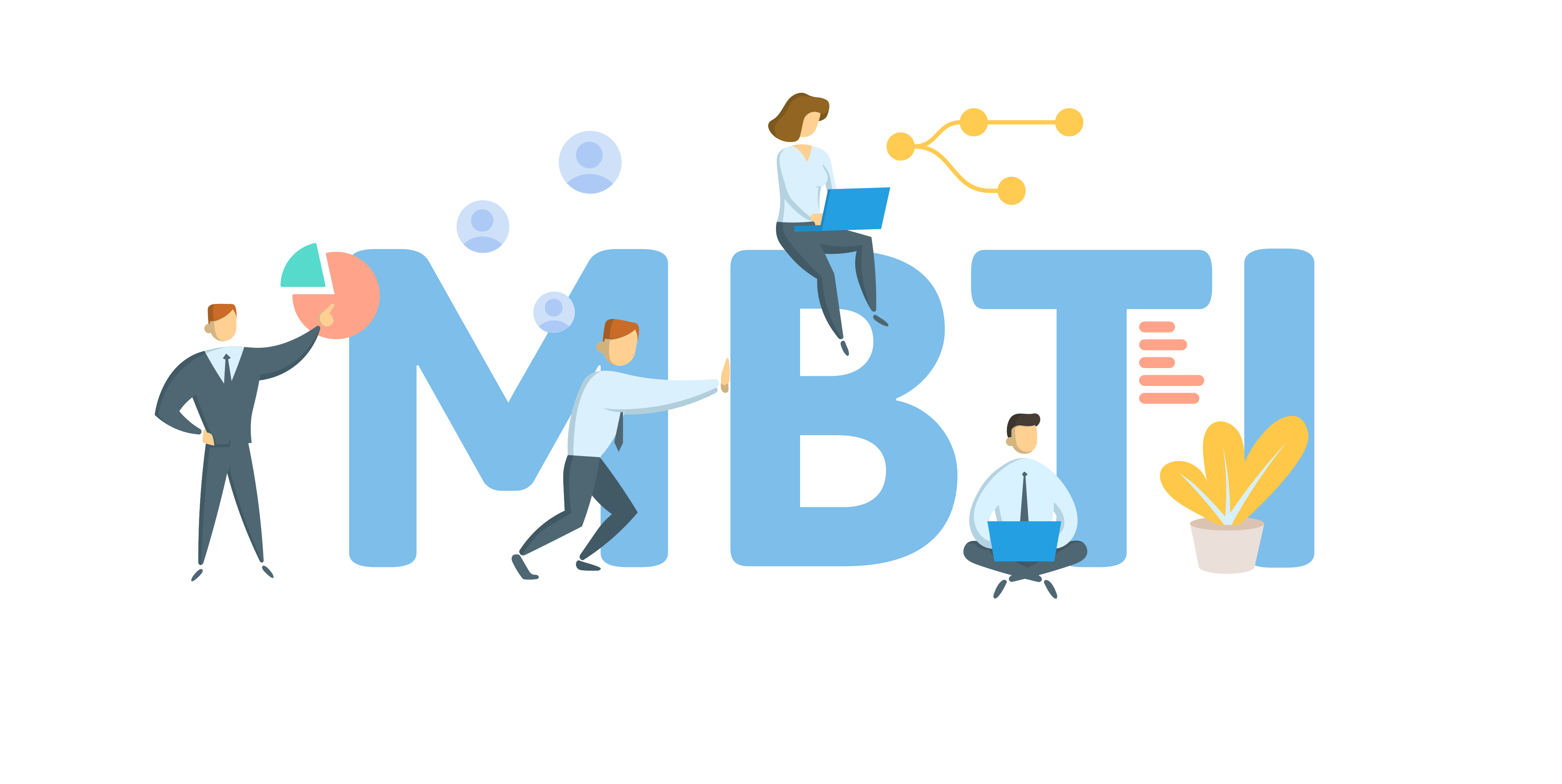 Desenho de pessoas realizando diversas atividades perto das letras MBTI.