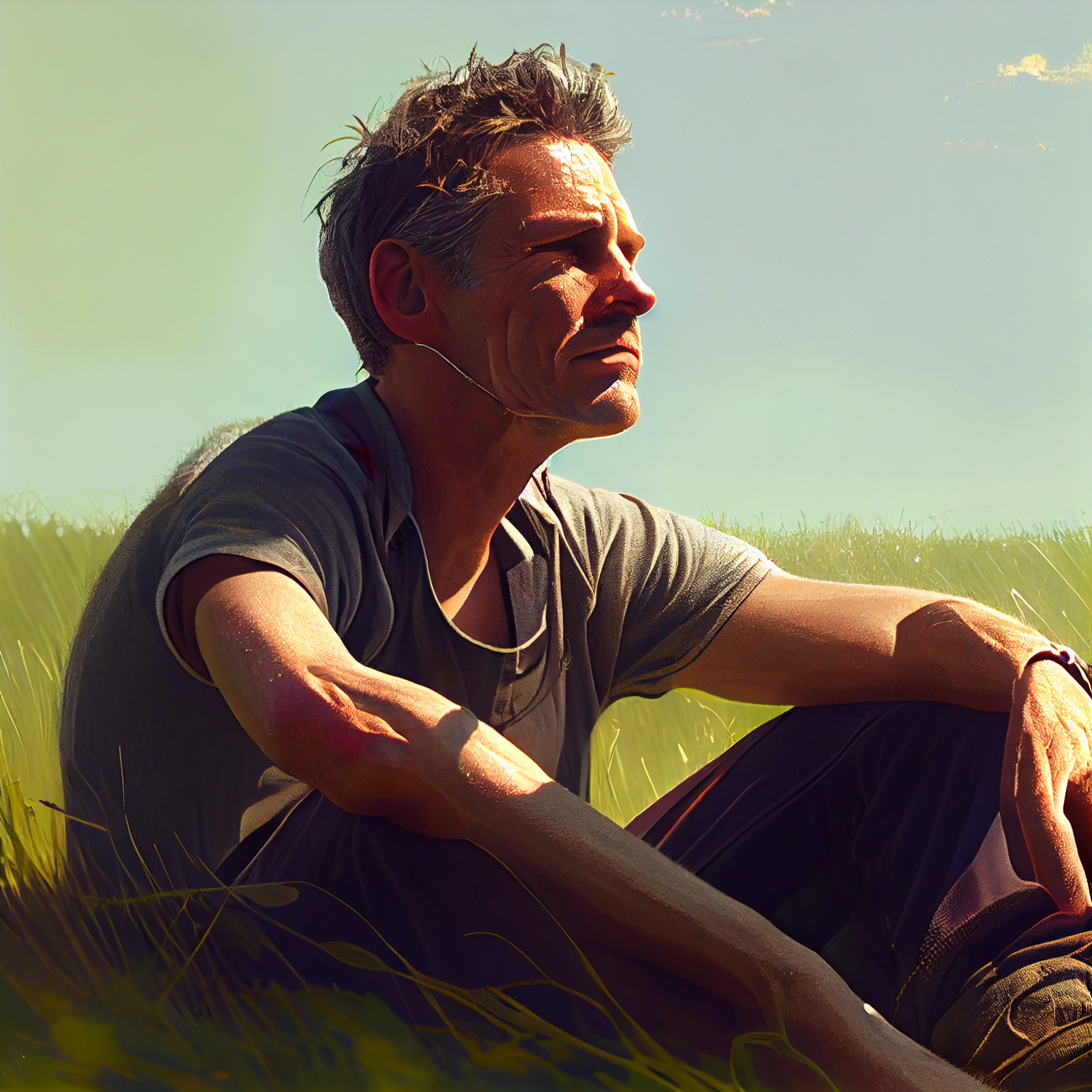 homem grisalho sentado na grama pensando sobre a vida