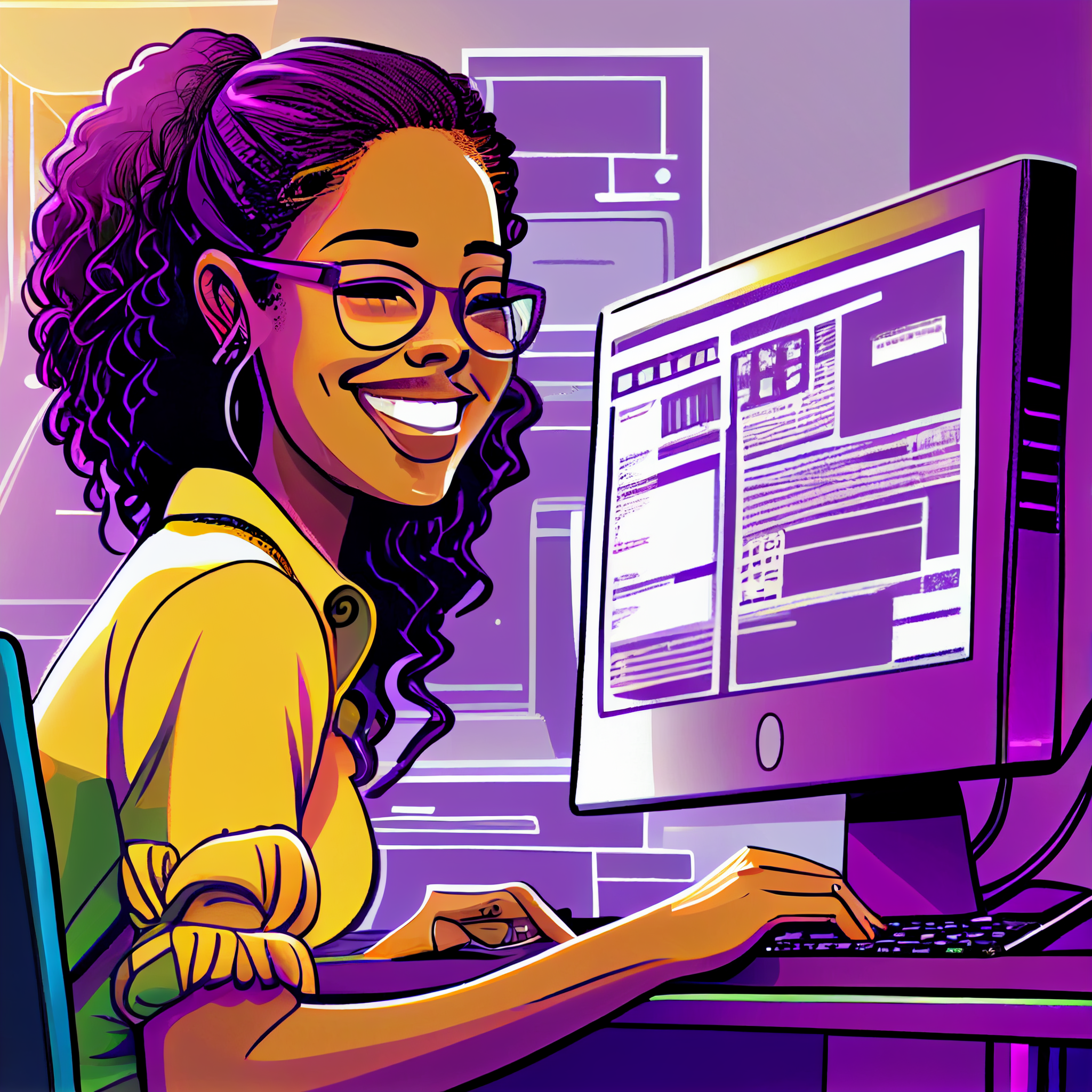 Ilustração de uma trabalhadora brasileira trabalhando feliz em frente a um computador.